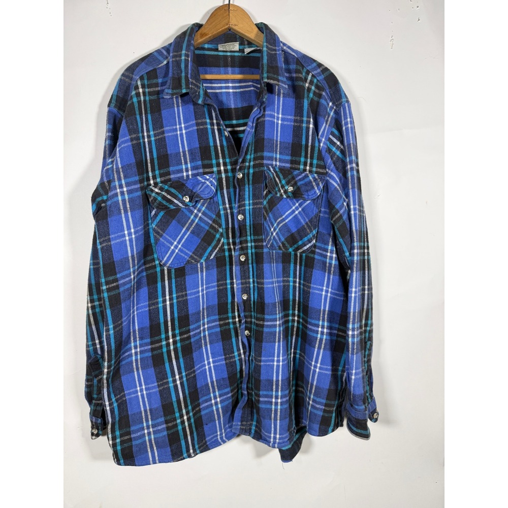 Five Brother Mens 2XL Tall Blue Plaid Flannel Shirt Long Sleeve Cotton Workwear